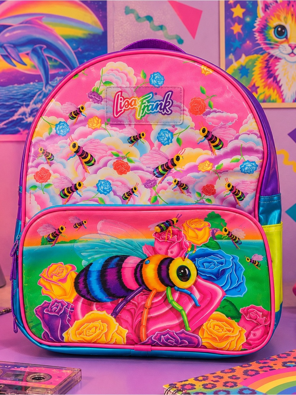 Vintage 90s Lisa Frank Pink Rainbow Bee Kids Backpack EUC